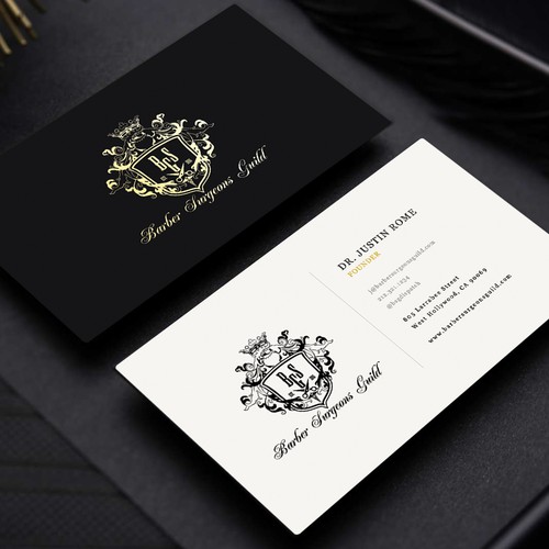Gold foil design with the title 'Business Card Design for the Barber Surgeons Guild ~ Hollywood, CA.'