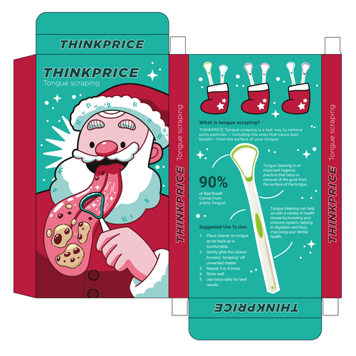 Santa Claus illustration with the title 'Tongue scrapping packaging'