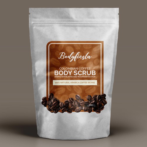 Packet packaging with the title 'Label design for Bodyfiesta Body Scrub'