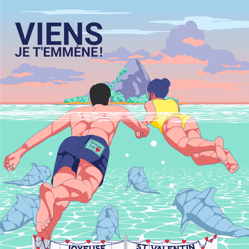 Dolphin design with the title 'Romantic vibe illustration to show the love of a couple in VR world'