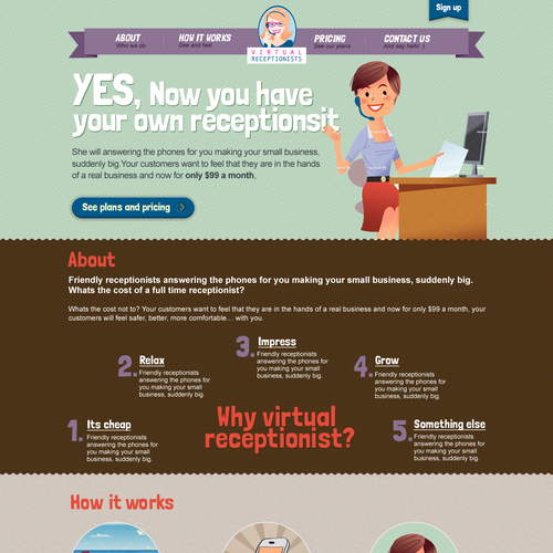 Cartoon website with the title 'Help with New FUN website for Virtual Receptionists; fast, simple, but very fun with a whole new design'