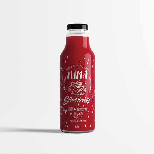 Juice packaging with the title 'Bottle design for its organic fruit pulps'