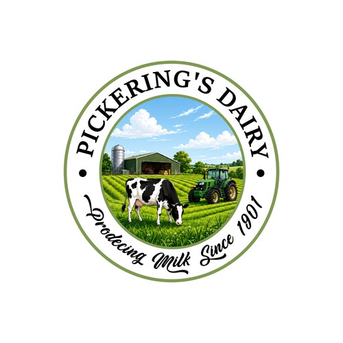 Vintage badge logo with the title 'Dairy Farm & Agriculture Logo Design | Pickering's Dairy Branding'
