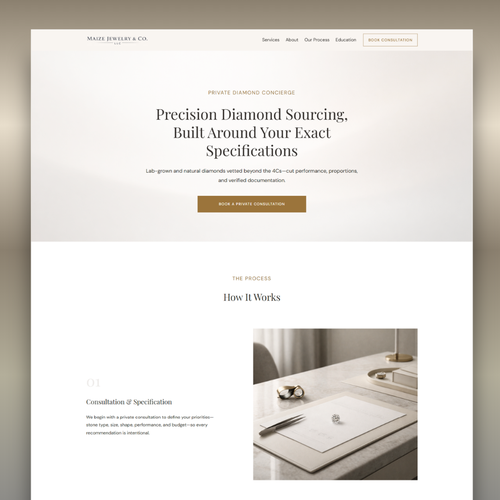 Jewelry design with the title 'Maize Jewelry Co. — Luxury Web Design & Lead Generation Build'