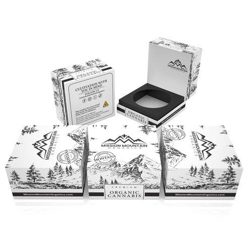 Cannabis packaging with the title 'PRODUCT PACKAGING FOR MISSION MOUNTAIN'