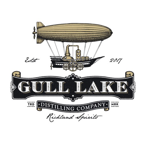 Steampunk design with the title 'Gull lake Distilling Company.'