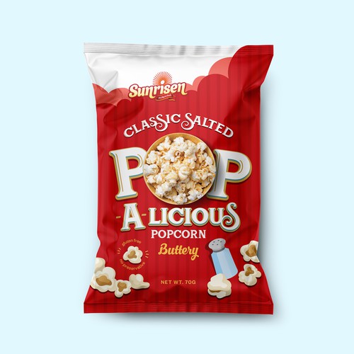 Snack packaging with the title 'Pop-A-licious Popcorn Packaging'