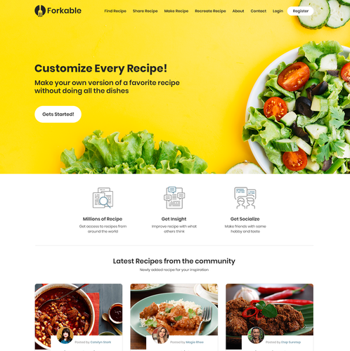 Restaurant website with the title 'Website Design for Food Recipes Online Sharing.'