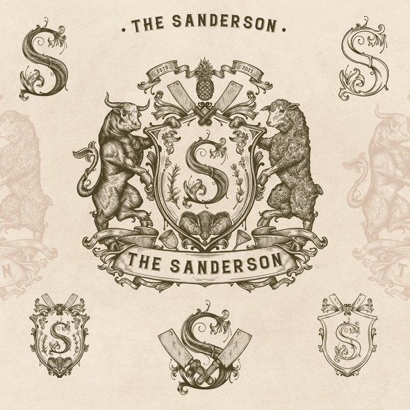 Coat of arms design with the title 'The Sanderson Coat of Arms'