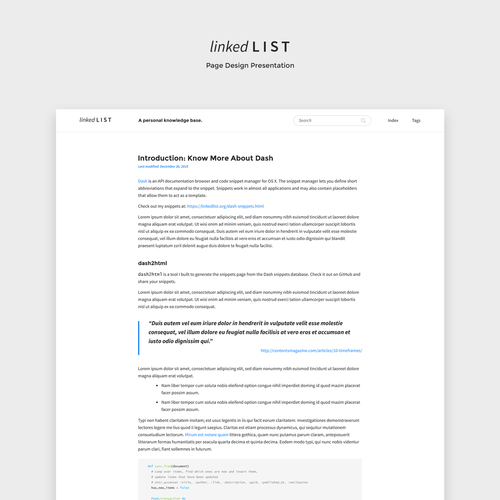 Blog website with the title 'Redesign content focussed typographic web site Linked List'