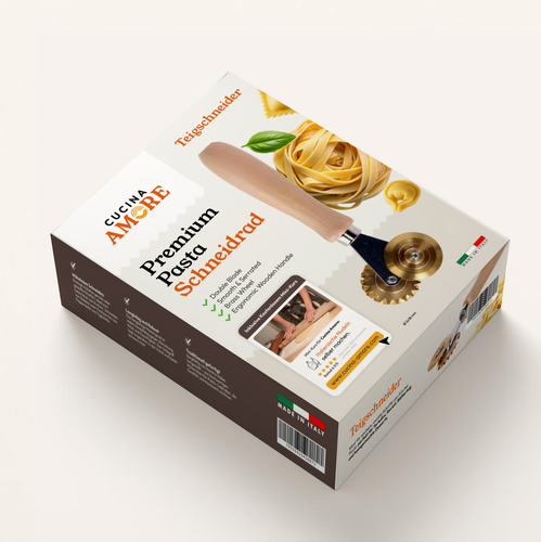 Pasta packaging with the title 'Premium Packaging Design for Cucina Amore – Italian Pasta Cutter'