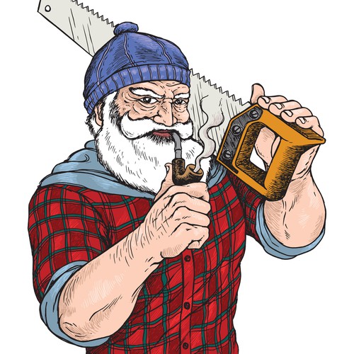 Line art illustration with the title 'Oldman Lumberjack'