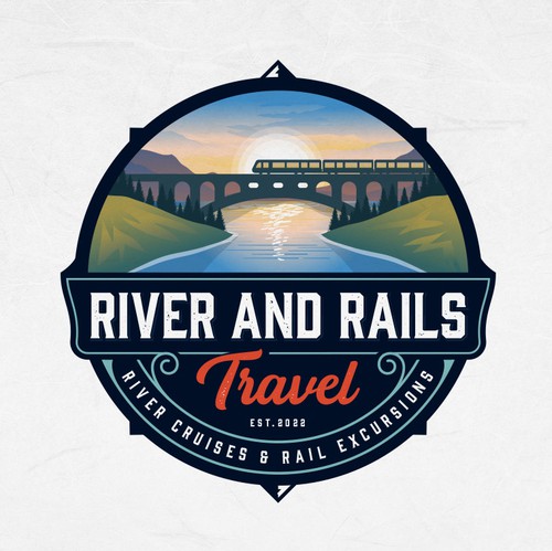 Travel agency logo with the title 'River and Rails Travel'