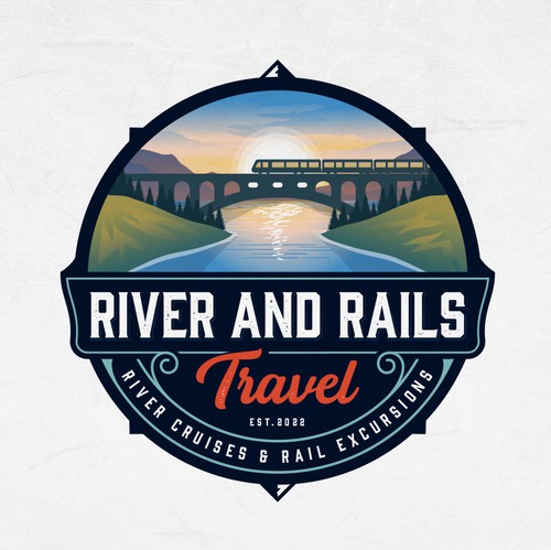 Travel agency design with the title 'River and Rails Travel'