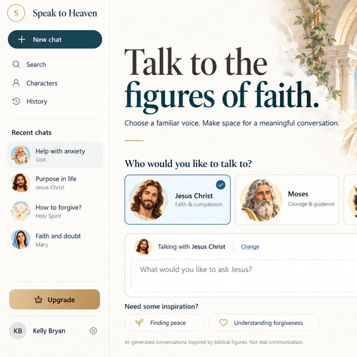 Design with the title 'SpeakToHeaven.com Chatbot design. allows users to have AI-powered conversations with religious and biblical figures.'