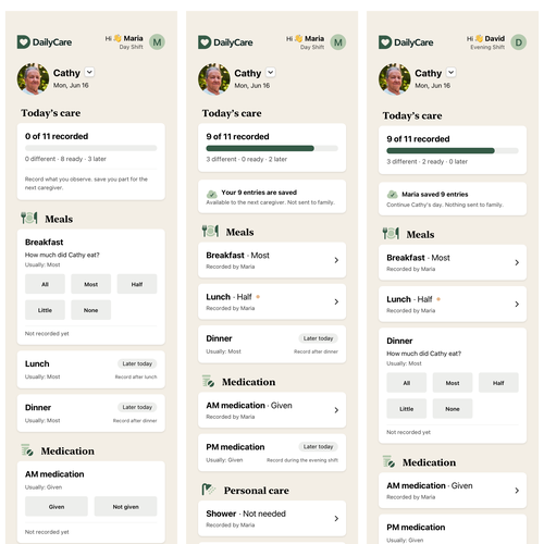 Healthcare design with the title 'DailyCare — Caregiver & Family App UI/UX'