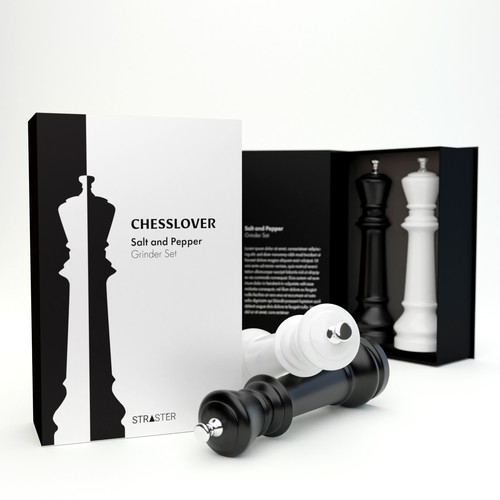 Eye-catching packaging with the title 'Minimal Package design for Chess inspired Grinder Set'