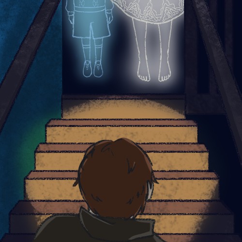 Scary illustration with the title 'Two ghosts one stairwell and a guy'