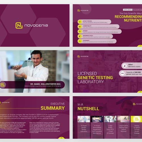 Slide design with the title 'Novogenia pitch deck'
