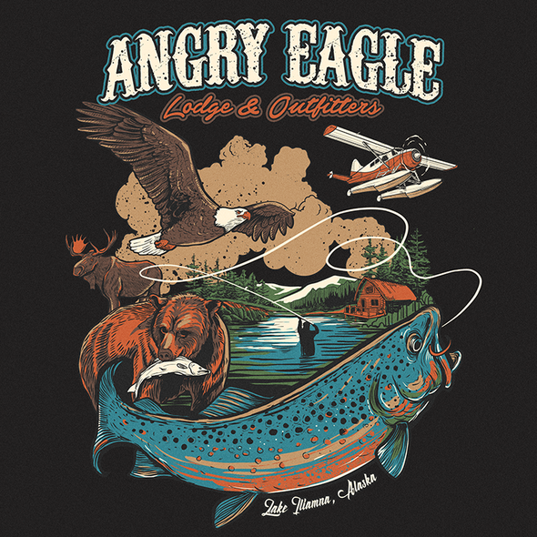 Fishing artwork with the title 'ANGRY EAGLE lodge & outfitters'