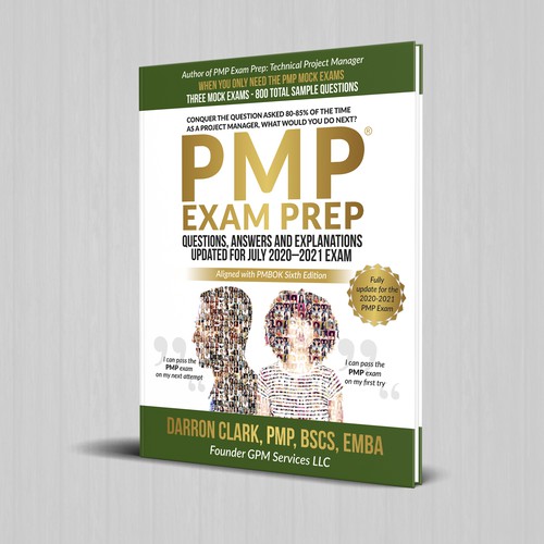 Green book cover with the title 'PMP® EXAM Prep Questions, Answers and Explanations Updated For July 2020–2021 Exam'