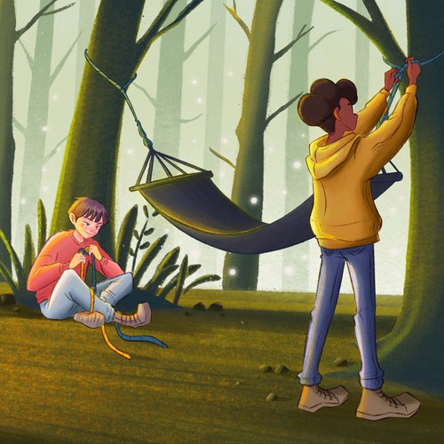 Children's book illustration with the title 'Fire Building and Safety'