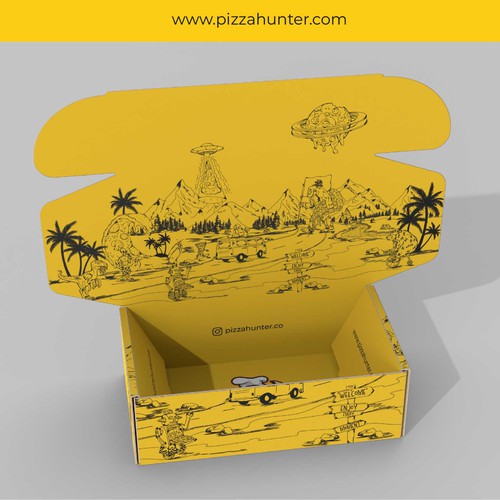 Pizza packaging with the title 'Packaging Pizza Hunter'