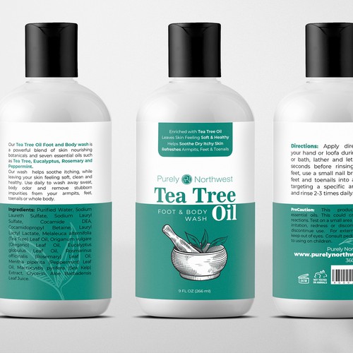 Oil label with the title 'Tea Tree Oil for foot and body Label Design'