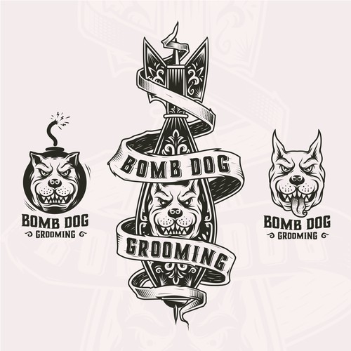 Tattoo brand with the title 'logo pack for bomb dog grooming'
