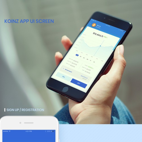 White and blue design with the title 'Koinz App Design'