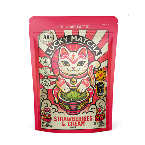 Tea packaging with the title 'Lucky Matcha – Strawberries & Cream Packaging Design'