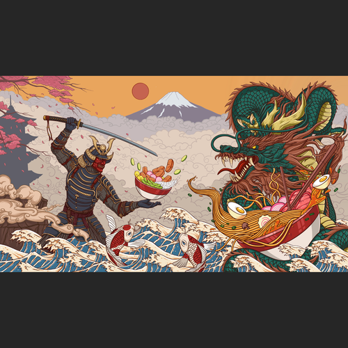 Japanese artwork with the title 'Mighty dragon dan samurai'