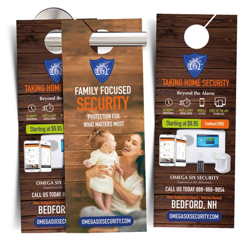 Door hanger design with the title 'Design a Door Hanger for Omega Six Security'