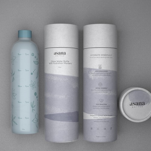 Cardboard design with the title 'Water bottle packaging in a cardboard tube.'