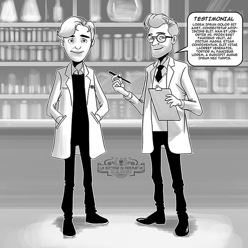 Comics illustration with the title 'bottega farmacia'