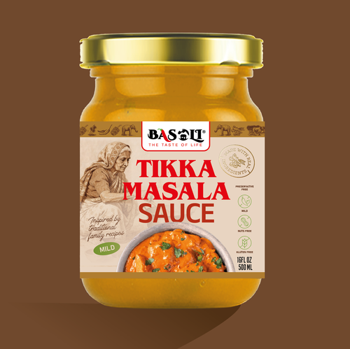 Sauce label with the title 'Basoli Tikka Masala Sauce Packaging Design'