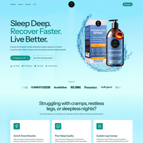 Conversion design with the title 'Landing page for a topical magnesium oil product for USA (wordpress)'