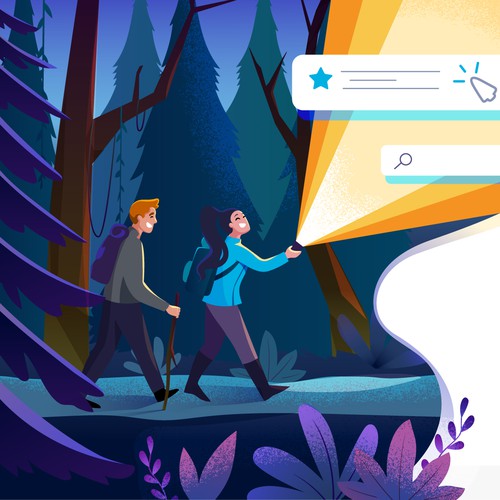 Forest artwork with the title 'Website adventure themed illustration'