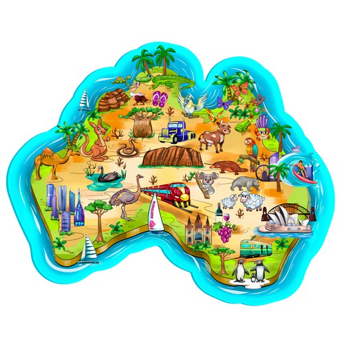 Vibrant packaging with the title 'Map of the Australia and Travel Icons. Australia Travel Map. '