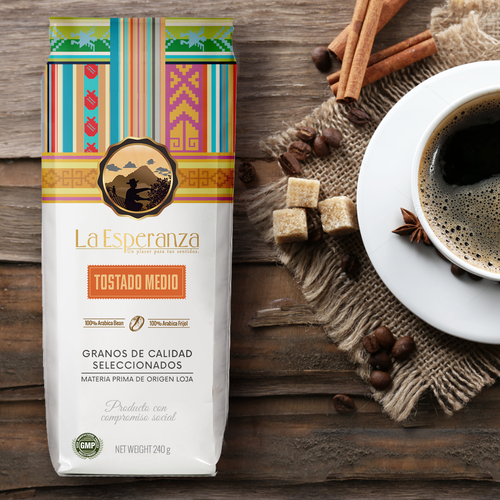 Bag packaging with the title 'Ecuador coffee bag design'