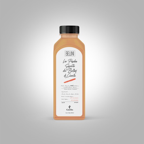 Cocktail packaging with the title 'BELLINI'S SECRET PEACHES by CANELLA'