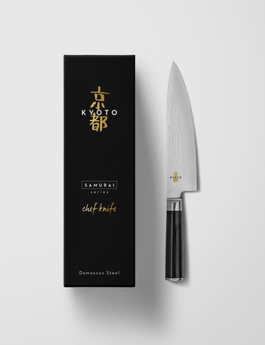 Black packaging with the title 'Premium packaging for chef knife'