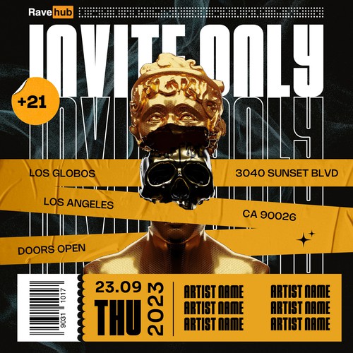 Ticket design with the title 'Social media post for a party event'