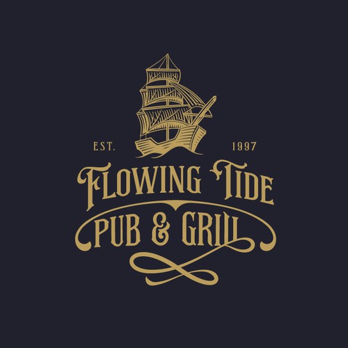 Vessel logo with the title 'Flowing Tide Hand drawn Ship'