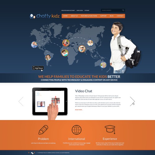 Tablet design with the title 'Online Webcam Communication For Kids Web Design'