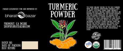 Powder packaging with the title 'Turmeric Powder label'