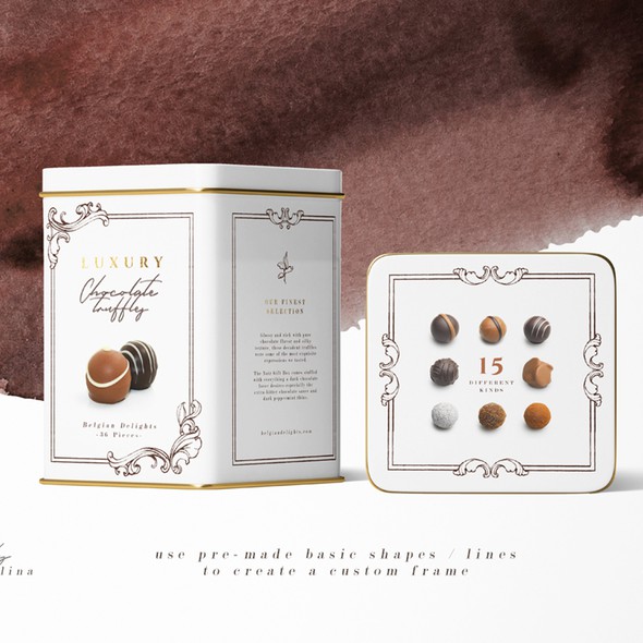 Tin packaging with the title 'Chocolate Pralines Package Design'