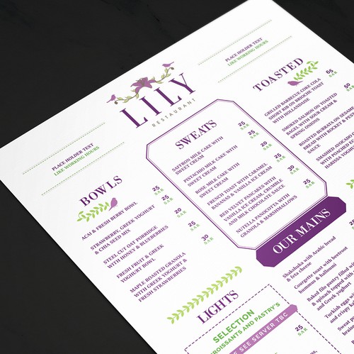 Arabic design with the title 'Lily Restaurant Menu'