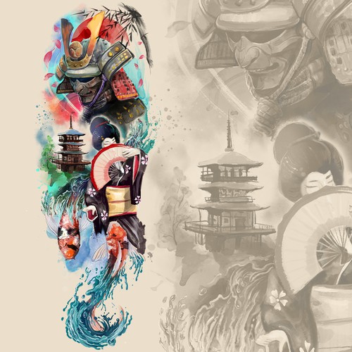 Theme design with the title 'Water color japanese theme tattoo'