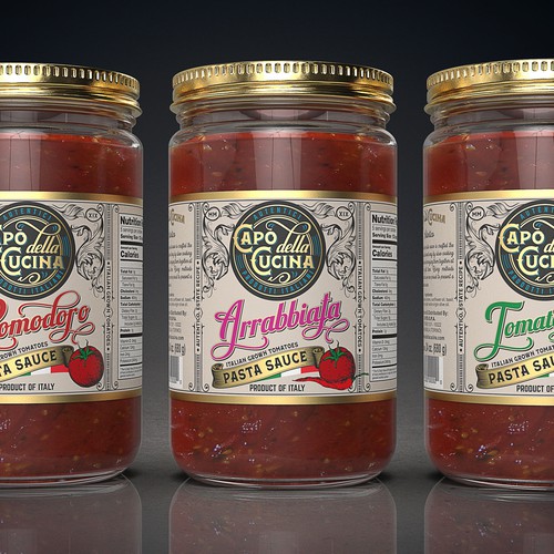 3D rendering design with the title 'New Pasta Sauce brand and line named "Capo della Cucina".'